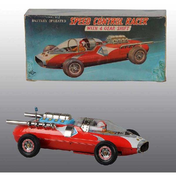 Tin Speed Control Race Car Battery-Operated Toy.: Japanese. Working. Made by Daiya. Scarce toy. No cracks in plastic bubble and very little overall wear. Includes original box with some creasing and tape residue. Box also has writing in pen in the up
