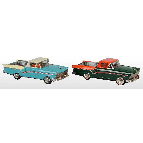 Lot of 2: Tin Ford Ranchero Pickup Friction Toys.: Working. Circa 1957. Includes one Japanese Bandai pickup with unusual color combination and marked "Fairlane" on back right fin. Also includes one French Joustra pickup. Both original opening back tai
