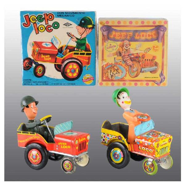 Lot of 2: Tin Jeep Whoopee Car Wind-Up Toys.: Argentinian. Working. Metal jeeps with plastic figures. Nice colorful lithography. Very little overall wear. Includes both original boxes with nice color graphics. Each: 7" L.