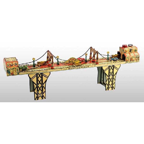 Tin Marx Busy Bridge Wind-Up Toy.: American. Working. Nice color lithography and nice action. Complete with all vehicles. Appears to be the George Washington Bridge. 24" L.