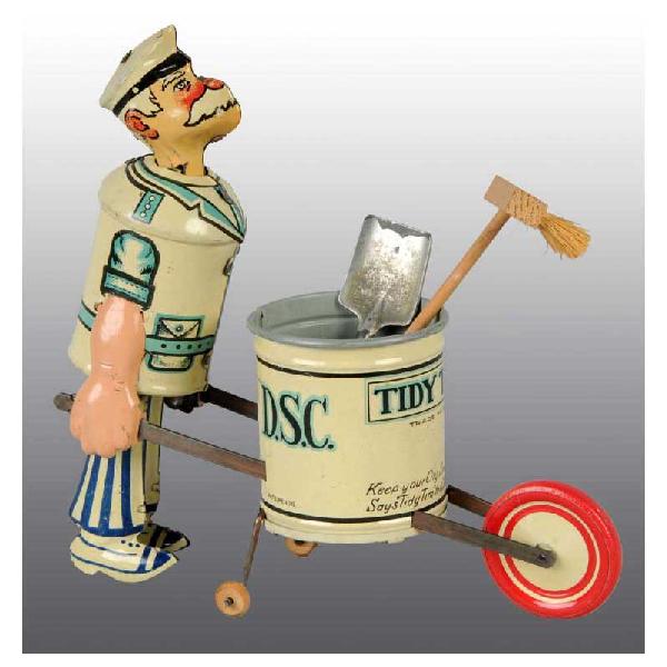Tin Marx Tidy Tim Sanitation Worker Wind-Up Toy.: American. Working. Includes original broom and shovel. Marked "Keep your city spick & span Tidy Tim the clean up man". Only minor scratching and wear. 7 - 1/2" T.