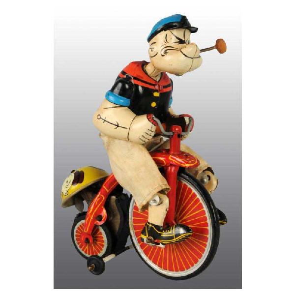 Tin Linemar Popeye on High Wheel Wind-Up Toy.: Japanese. Working. Original pants but are faded white. Reproduction rear bell. Some minor scratching and wear. 6 - 1/2" T.
