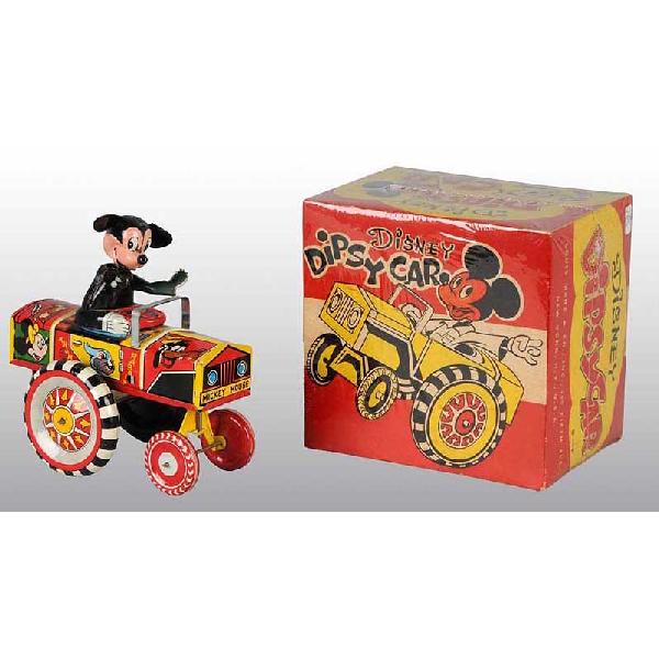 Tin Marx Disney Mickey Dipsy Car Wind-Up Toy.: American. Working. Original ears. Nice color graphics of Disney characters around sides of car. Marked "Walt Disney Productions". Very little overall scratching or wear. Includes original box with nic