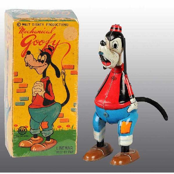 Tin Linemar Disney Goofy Wind-Up Toy.: Japanese. Working. Original tin ears and tail. Marked "Walt Disney Productions". Some scratching and wear. Includes original box with nice color graphics. Box has some creasing. 5 - 1/2" T.