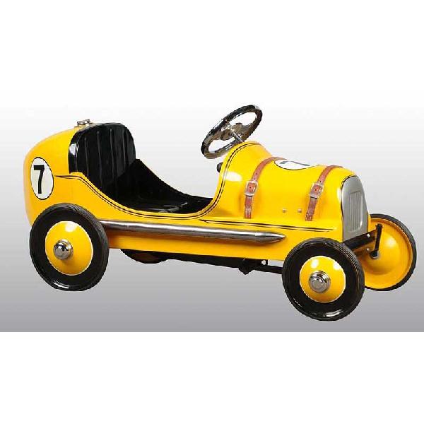 Pressed Steel 1950 BMC Racer Pedal Car.: Metal body, painted solid wheels, and right hand exhaust and pipe. This model was made for only a few years. 40" L.