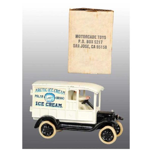 Contemporary Cast Iron Arctic Ice Cream Truck Toy: Made by Motorcade Toys. Original driver. Some chipping and wear to roof. Includes original box. 7 - 1/2" L.