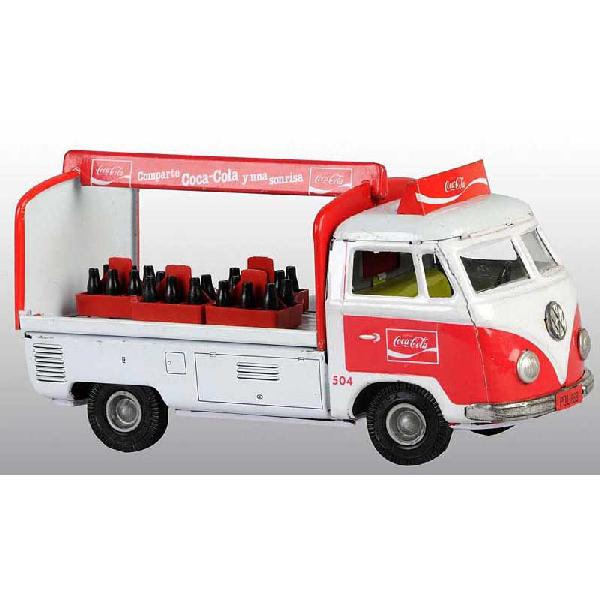 Tin Volkswagen Coca-Cola Friction Toy.: Mexican. Working. "POL-888" on license plate and marked "Hecho en Mexico" on back. Includes four plastic cases with Coke bottles. Some minor overall wear. 9" L.