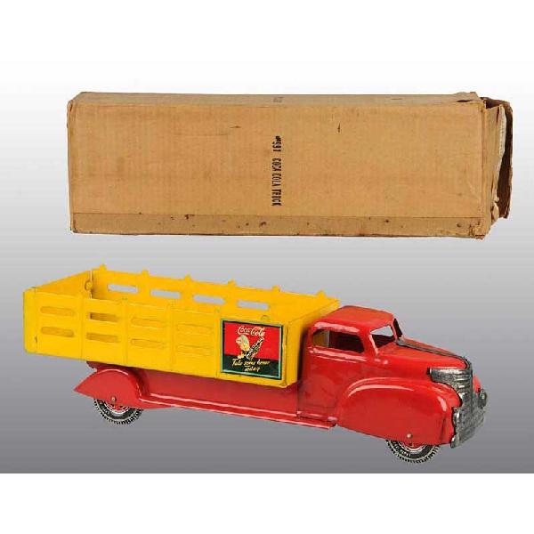 Pressed Steel Marx Coca-Cola Stake Back Truck Toy: American. Nice, colorful Coca-Cola decals on both sides of stake back. Minor scratching and wear to cab and oxidation to bare metal grille. Includes original box marked "No. 991 Coca-Cola Truck". 20" 
