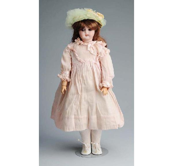 Kestner German Bisque Child Doll.: Mold 168 (repaired on forehead), feathered eyebrows, sleeping eyes, open mouth with molded teeth, plaster pate, replaced wig, jointed composition body (not Kestner, a little big for head). Vintage cot