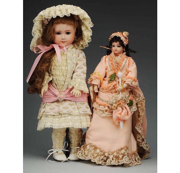 Lot of 2: Artist Reproduction French Dolls.: Jumeau fashion lady, kid body; A.T. on composition body. Both by Cecile. Size: Largest: 18" T.