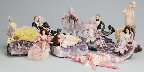 Lot 8 Artist Mermaid and Merman Dolls on Bases.: Bisque heads and hands, fancy iridescent costumes, along with a Capodimonte style figurine and a group of accessories. Size: