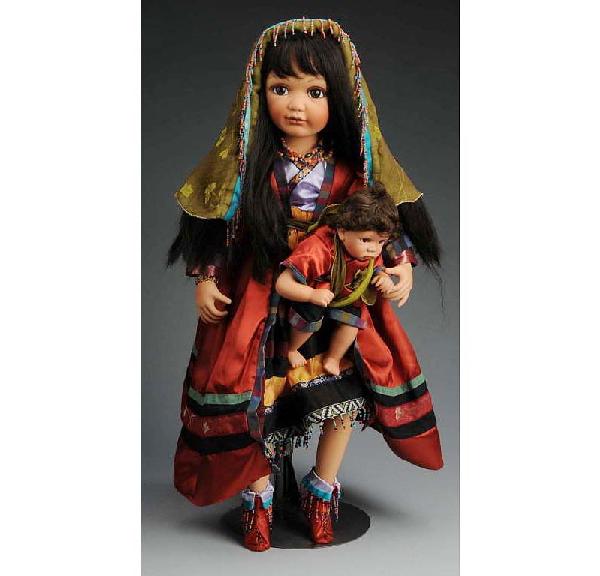 Artist Bisque Doll.: Seymour Mann. Jasmine and Child. Beautiful bisque shoulder head, cloth body, bisque arms and legs. Darling baby. Beautifully dressed. Size: 27" T.