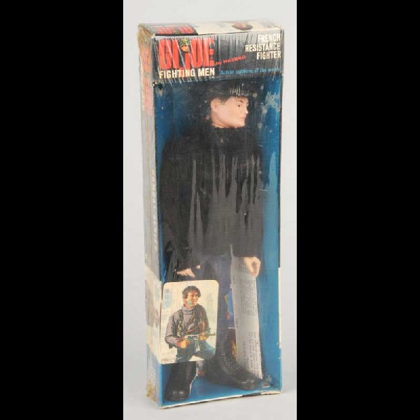 Vintage GI Joe French Resistance Fighter.: Circa 1966. Made by Hasbro. Extremely scarce, especially in this condition. Sealed in original box. A few small holes in the original plastic and some dirt and shelf wear to box. Size: 13" T.