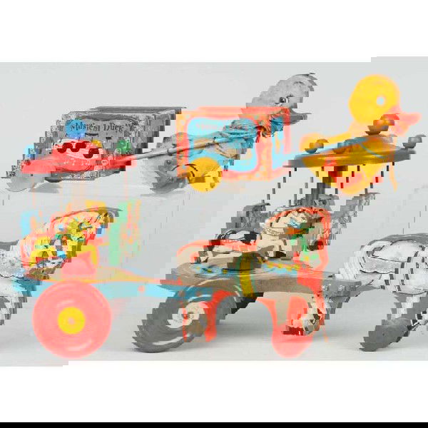 Lot of 2: Paper on Wood Pull Toys.: American. Includes one Fisher Price Musical Duck with part of right foot broken off and missing and one Hill Horse-Drawn Merry-go-Round toy marked "N.N.". Moderate wear to both. Size: Largest: 17" L.