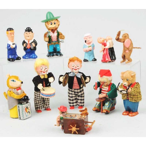 Lot of 12: Miscellaneous Toys.: Plush, tin, and celluloid. Includes various Japanese, German, and American animal and people toys. Size: Largest: 8" T.