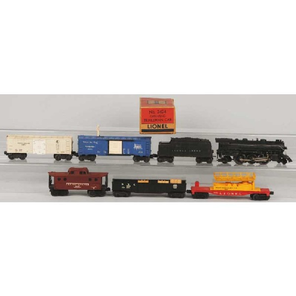 Lionel No. 224 Freight Train Set.: O-gauge. Includes 224 steam engine and tender, 6812 track maintenance car, 6472 refrigerator car, 6462 gondola car, 3424 Wabash boxcar with original box, and 6437 Pennsylvania caboose. Size: