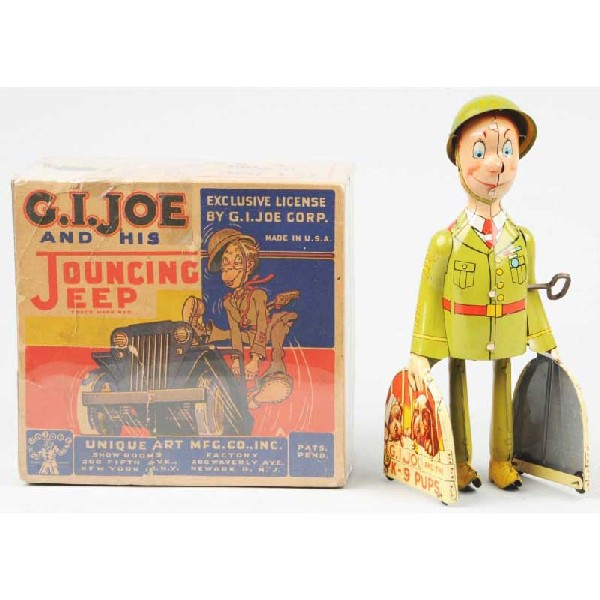 Tin Unique Art G.I. Joe & K-9 Pups Wind-Up Toy.: American. Working. Lithographed dogs in cages. Very little wear overall. Size: 8 - 1/2" T.