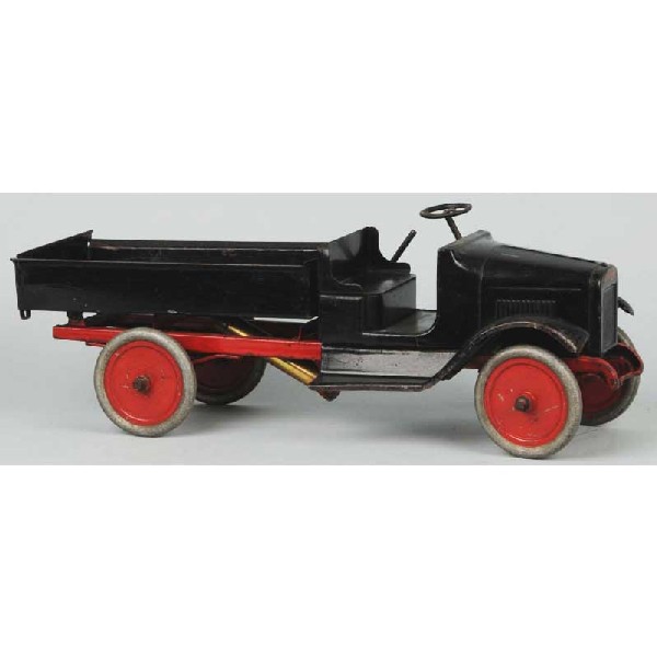 Pressed Steel Buddy L Hydraulic Dump Truck Toy.: Hydraulic dump is working. Original tailgate. Replacement decal inside cab. Some repainting to sides of back bed and paint loss and wear to fenders, hood, and rear bed. Size: 24 - 1/2" L.