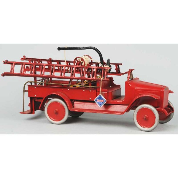 Pressed Steel Buddy L Fire Truck Toy.: Repainted and replaced decal inside of cab. Includes reproduction Buddy L tag. Size: 25" L.