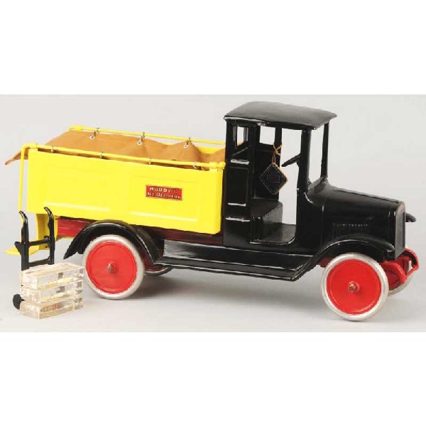 Pressed Steel Buddy L Ice Delivery Truck Toy.: Repainted with new decals and replacement canvas and tongs. Missing ice cubes. Includes reproduction tag. Size: 26 - 1/4" L.