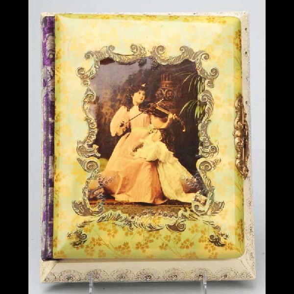 Celluloid Musical Photo Album.: Circa late 1800s to early 1900s. The front cover pictures a mother and child with a violin. Beautiful floral border. Pictured on page 83, plate 128 in the book "Celluloid Treasures of the Victorian Er