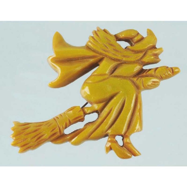 Vintage Bakelite Antifreeze Witch on Broom Pin.