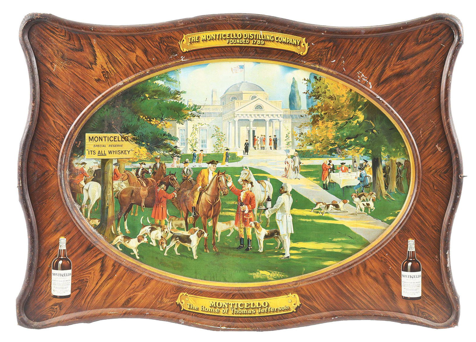 MONTICELLO DISTILLERY COMPANY WHISKEY TIN DIE-CUT SIGN.: Founded 1789. Iconic scenery of early Americans celebrating at the home of Thomas Jefferson. Good, bright colors and good images. Multiple areas of scratching and scuffing. One area of surface rust an