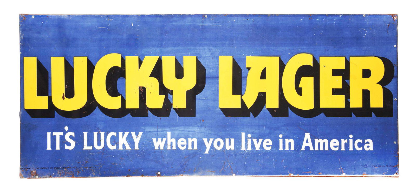 SINGLE-SIDED LUCKY LAGER PAINTED METAL SIGN. (1 of 2)
