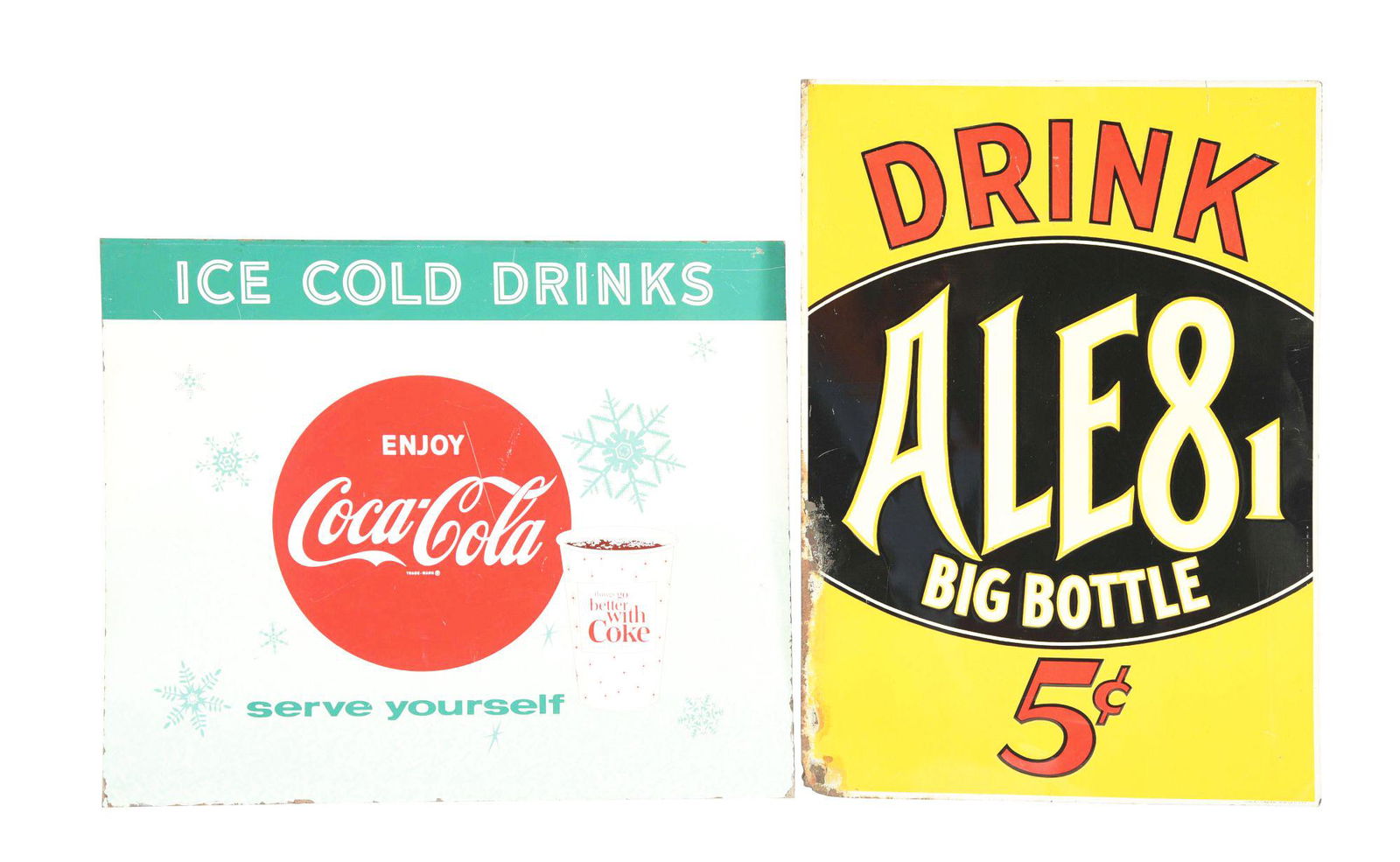 LOT OF 2: PAINTED TIN SODA POP SIGNS. (1 of 3)