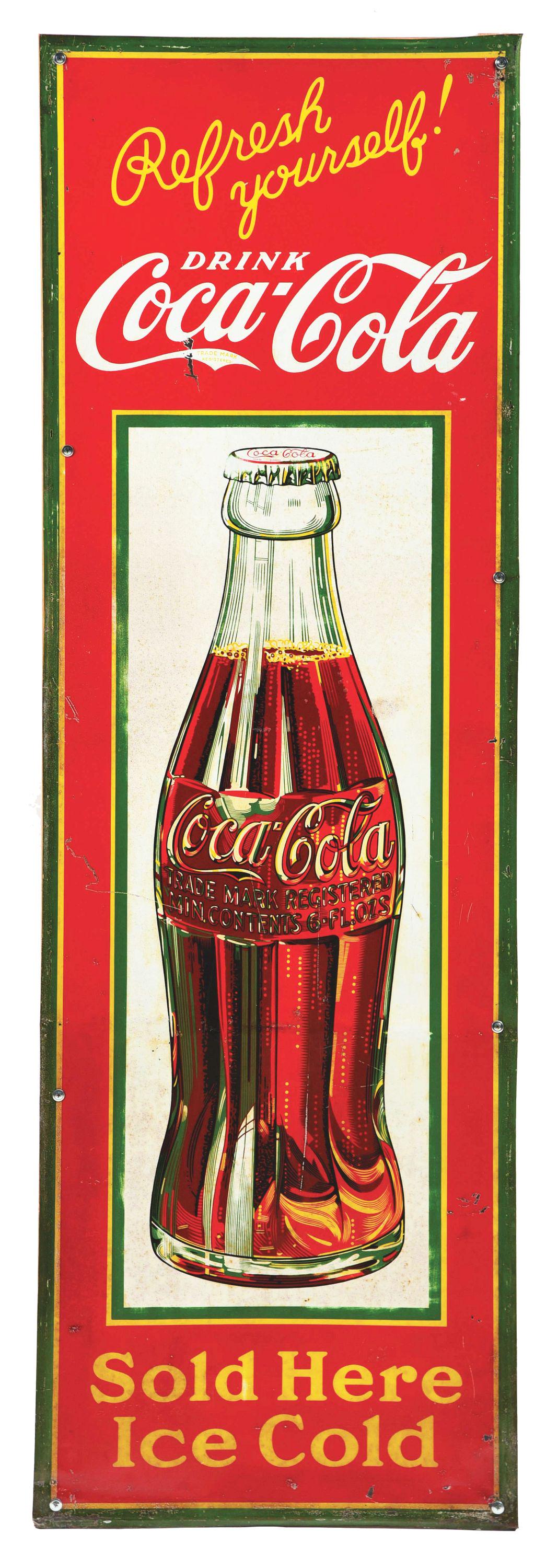 VERTICAL SELF FRAMED TIN COCA-COLA "SOLD HERE ICE COLD" (1 of 3)