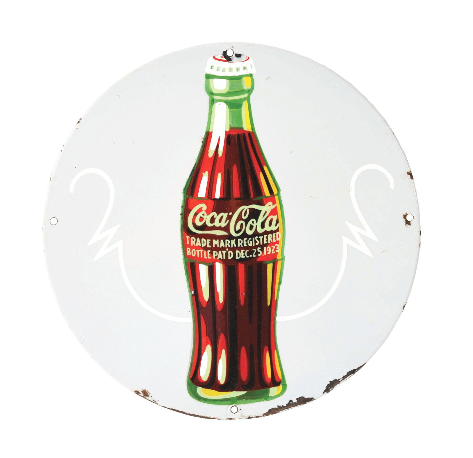 SINGLE-SIDED PORCELAIN COCA-COLA BOTTLE SIGN.: SSP. This is a portion of a larger sign. The sign shows Noticeable edge chipping to the porcelain and one of the hanging holes. Also some surface scratching to the bottle. Overall, the sign retains go