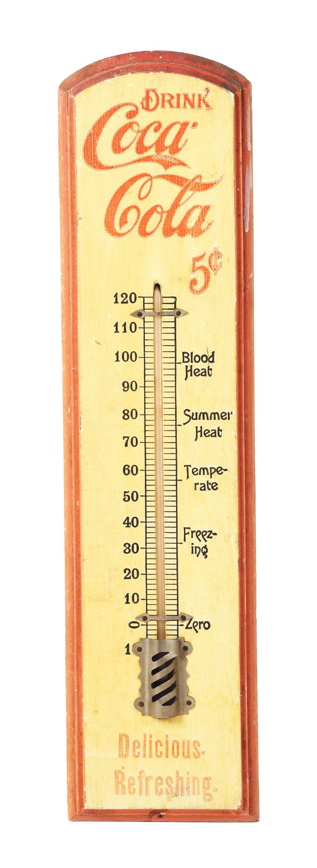 DRINK COCA-COLA 5¢ WOODEN THERMOMETER. (1 of 2)