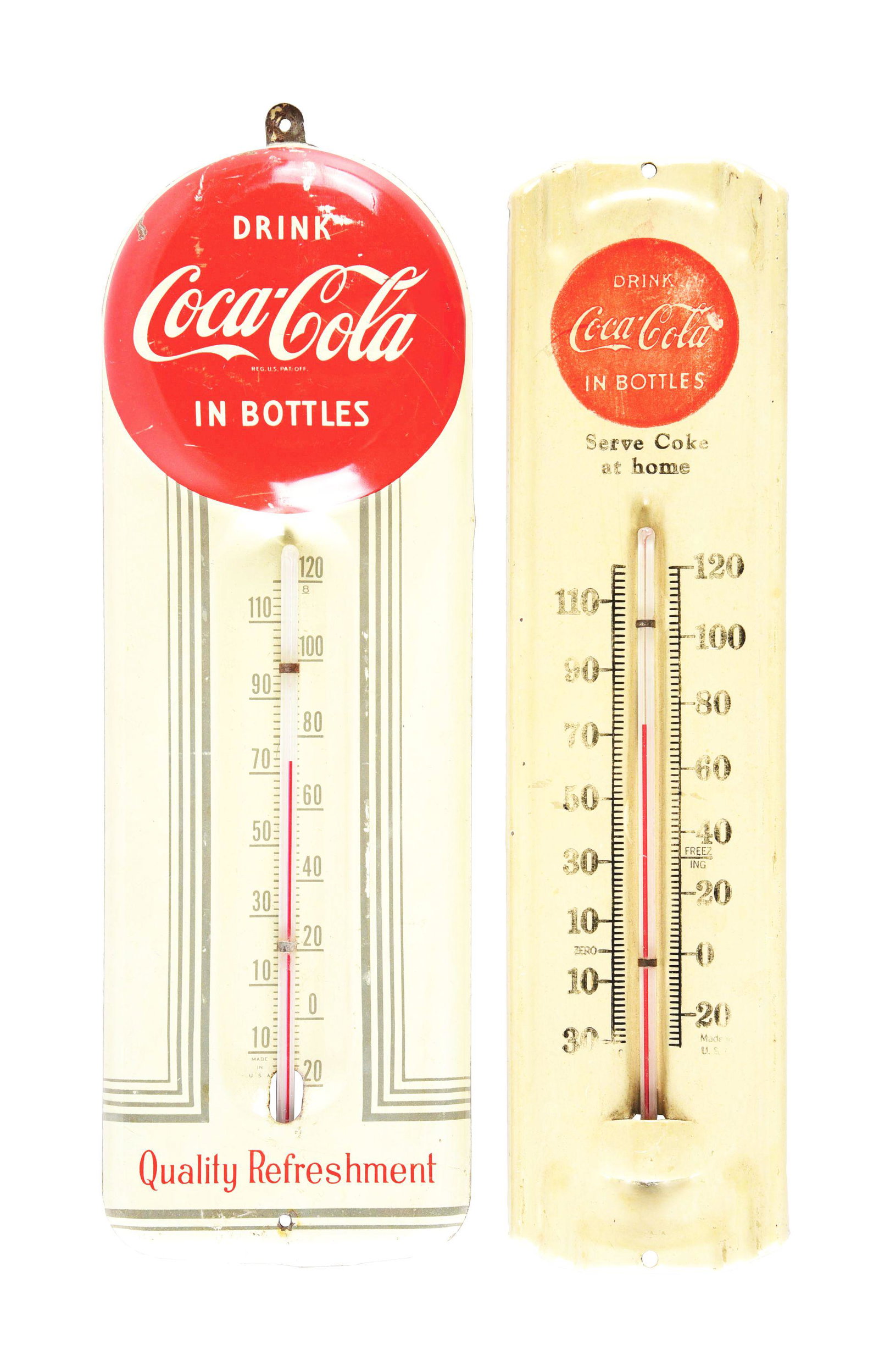 LOT OF 2: COCA-COLA TIN THERMOMETERS.: SST. Lot of two Coca Cola thermometers. The first reads "Drink Coca-Cola in Bottles", has some light surface scratching throughout, discoloration in the cap, with tube present and in working order. Th