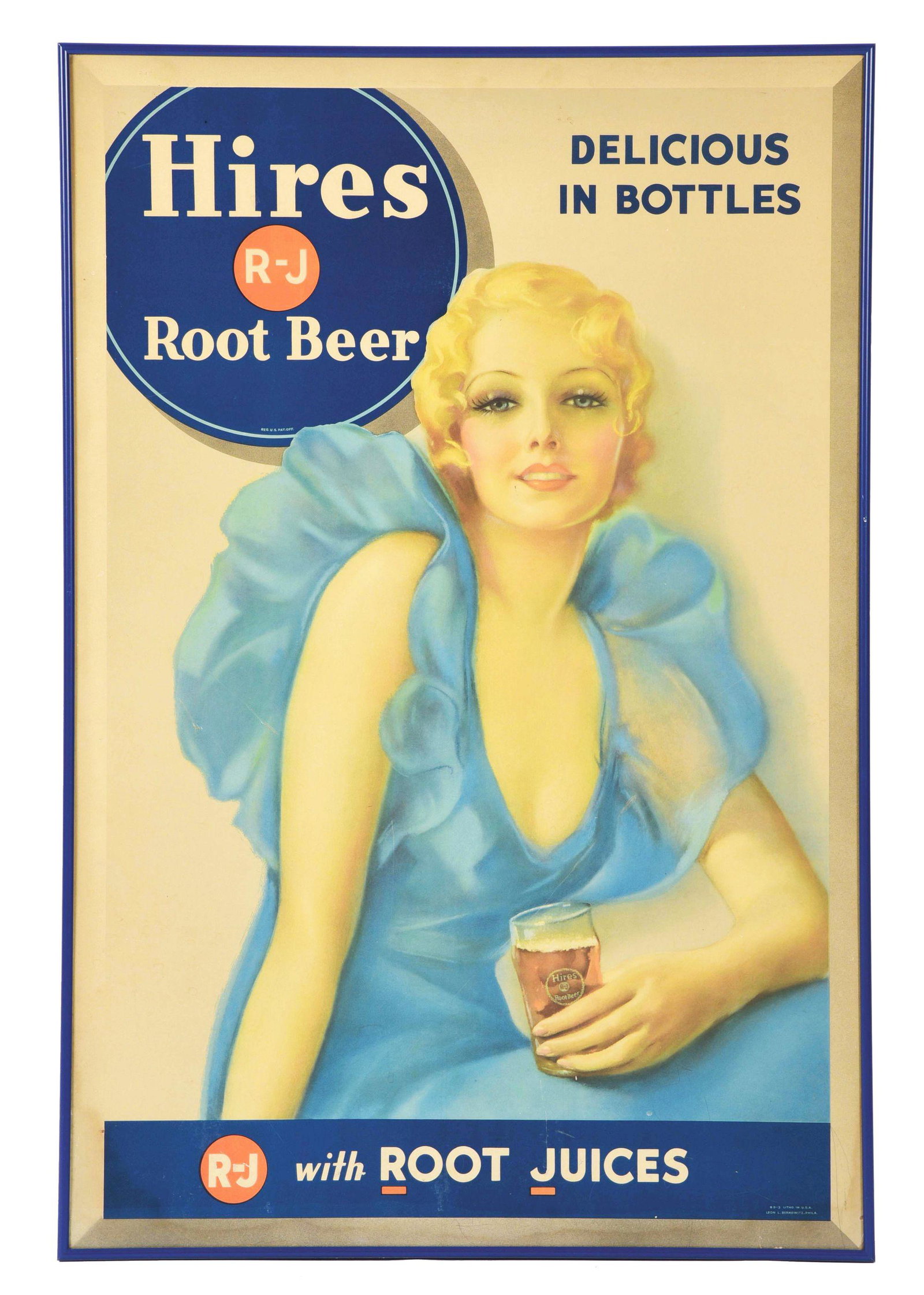 HIRES CARDBOARD LITHOGRAPH.: Hires cardboard lithograph. This piece has a beautiful graphic of a blonde-haired woman drinking a Hires Root Beer out of a glass. It does show some light scratching and one tear to the cardboard in t