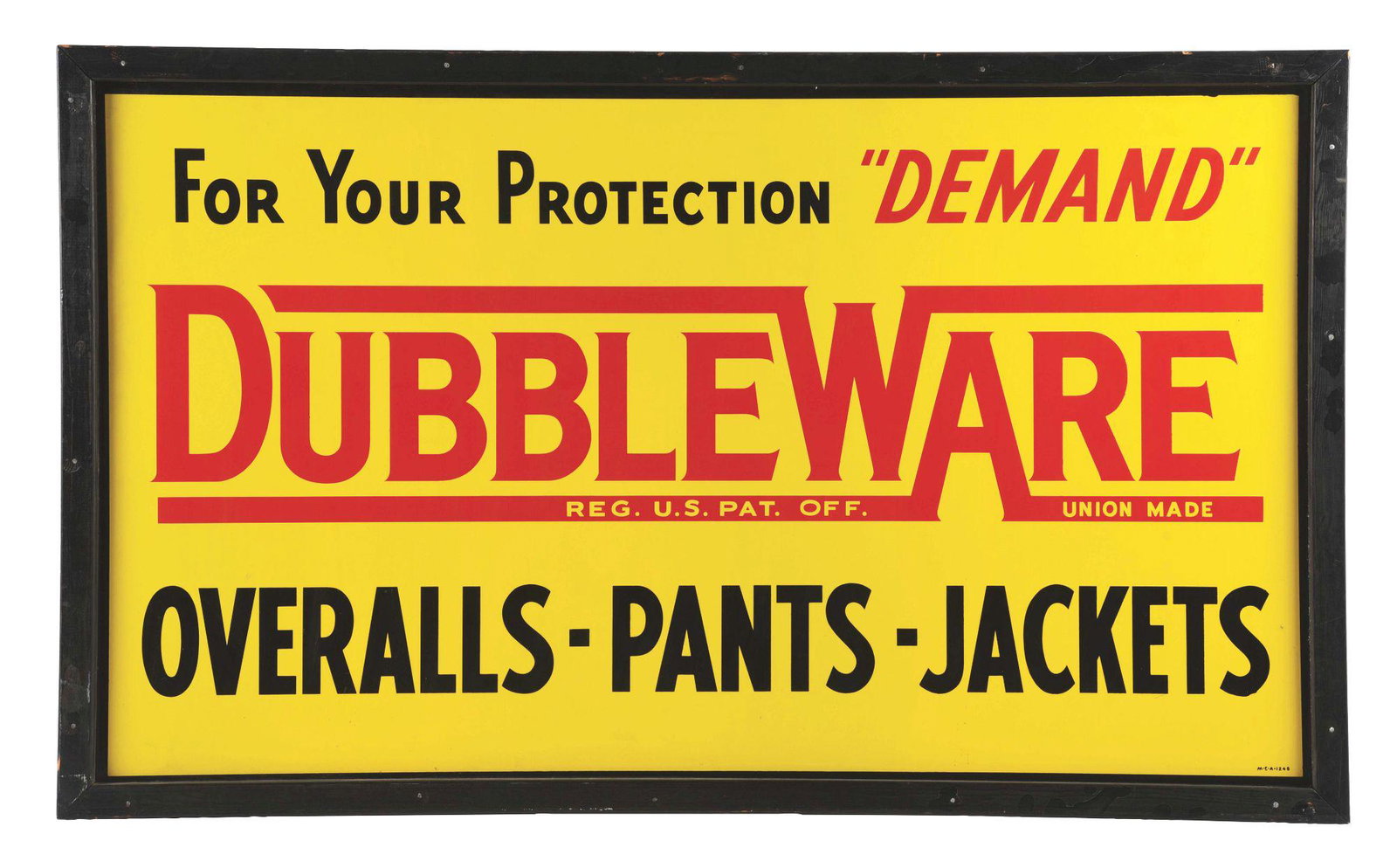 SINGLE-SIDED FRAMED PAINTED TIN DUBBLEWARE WORK WEAR (1 of 3)