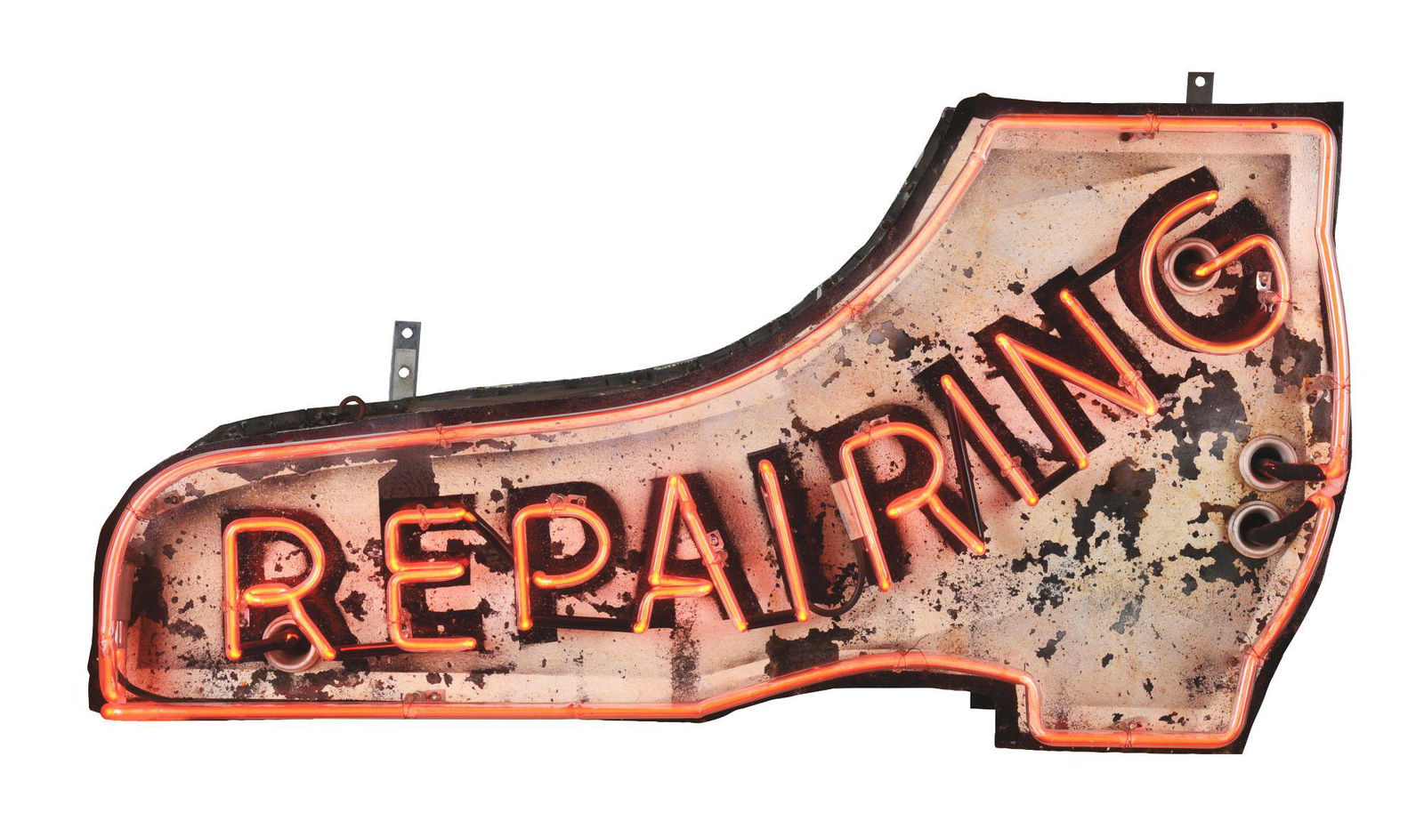 UNIQUE & FIGURAL SHOE REPAIRING TIN SIGN W/ NEON BORDER (1 of 3)