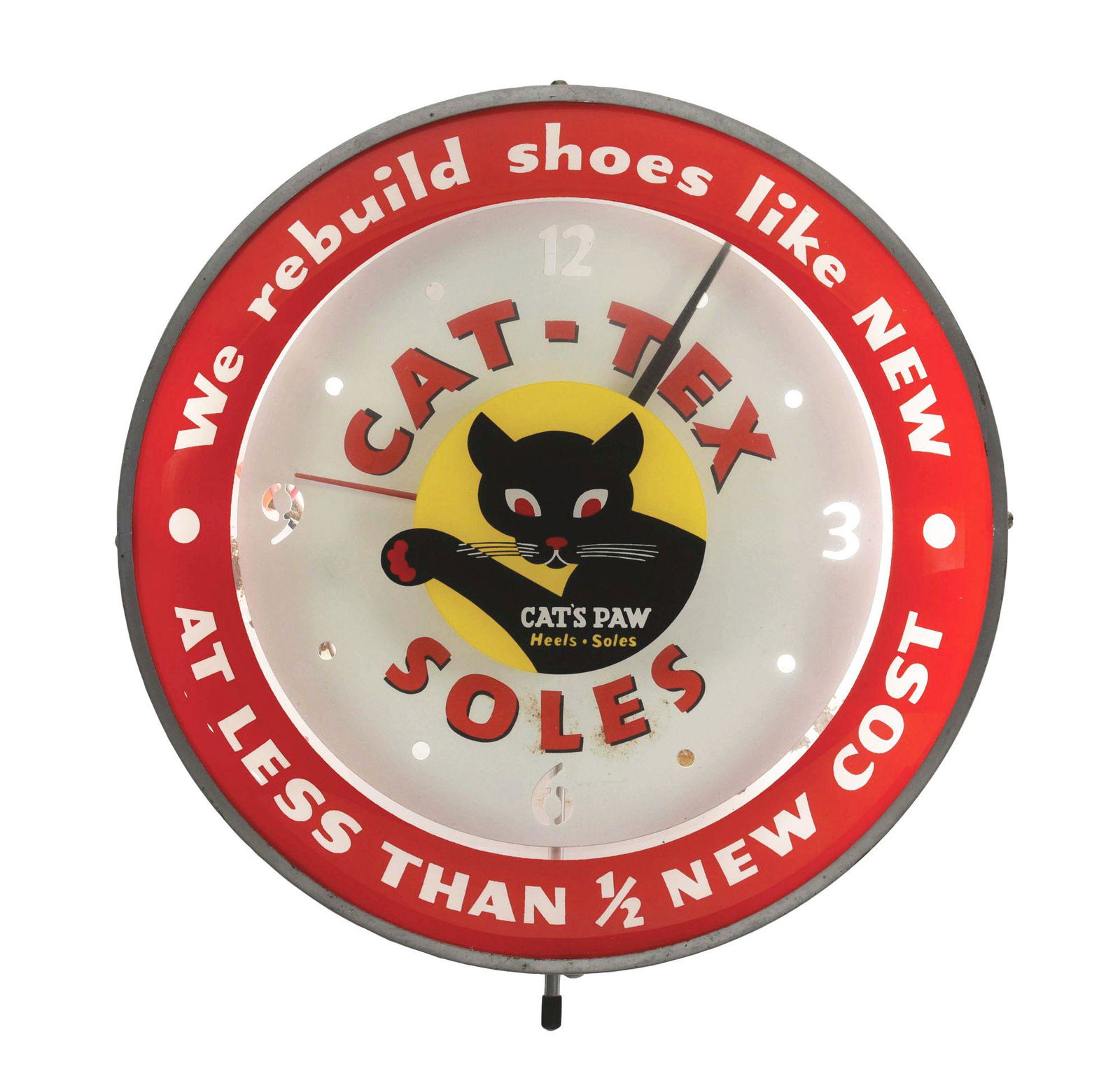 LIGHTED CAT-TEX SOLES CLOCK.: Cat-Tex shoes lighted pam clock. This clock is in excellent working condition with no cracks to the face. The can is in excellent condition with no rust or rot. Some minor rusting to the metal insert.