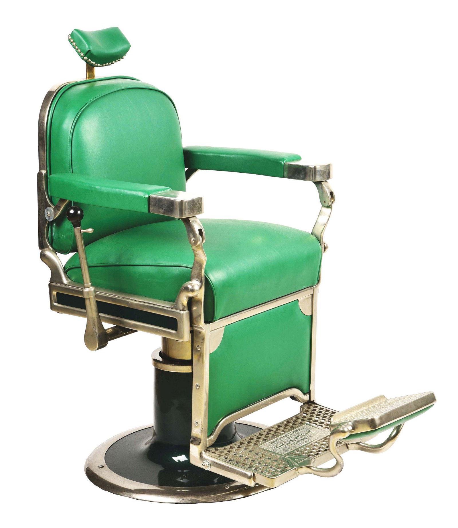 KOCHS GREEN LEATHER BARBER CHAIR. (1 of 5)