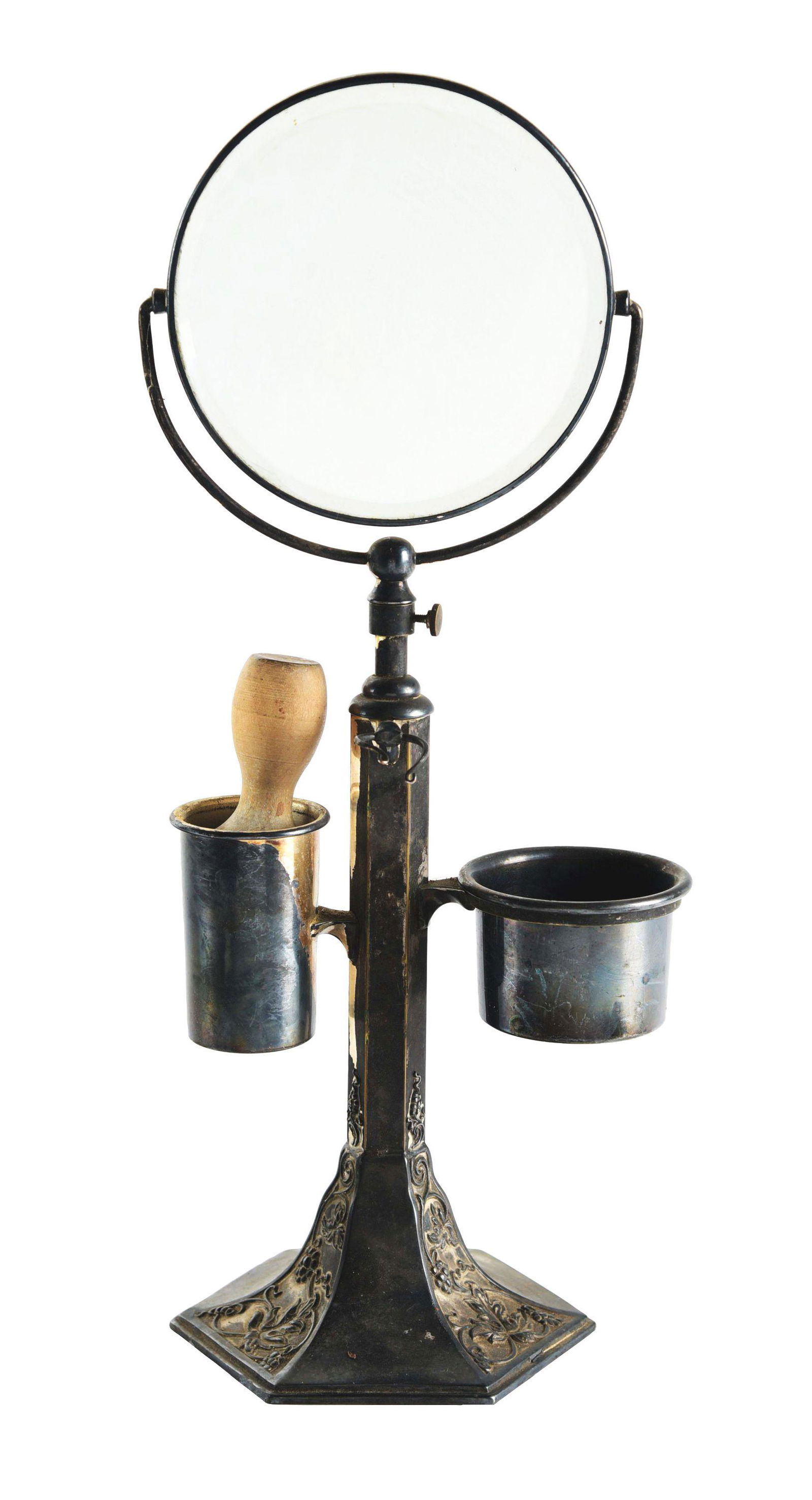 AN ORIGINAL BARBER SHOP SHAVING MIRROR AND STAND. (1 of 4)