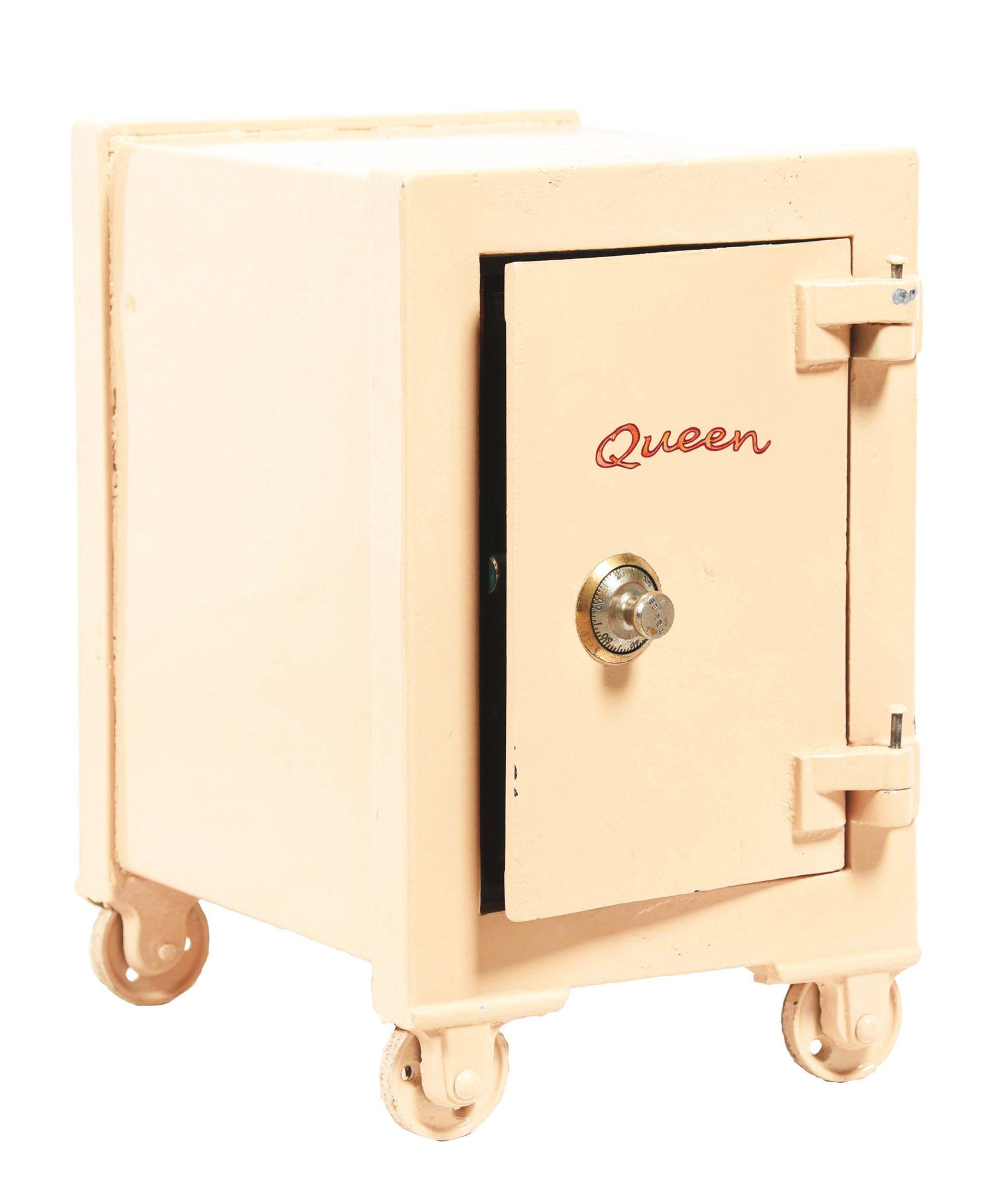 SMALL SIZED QUEEN SAFE.: This is a small sized Queen safe in new paint on the exterior and partial interior components. Open, but no combination. This is not a standard shippable item and will require 3rd party shipping or pi