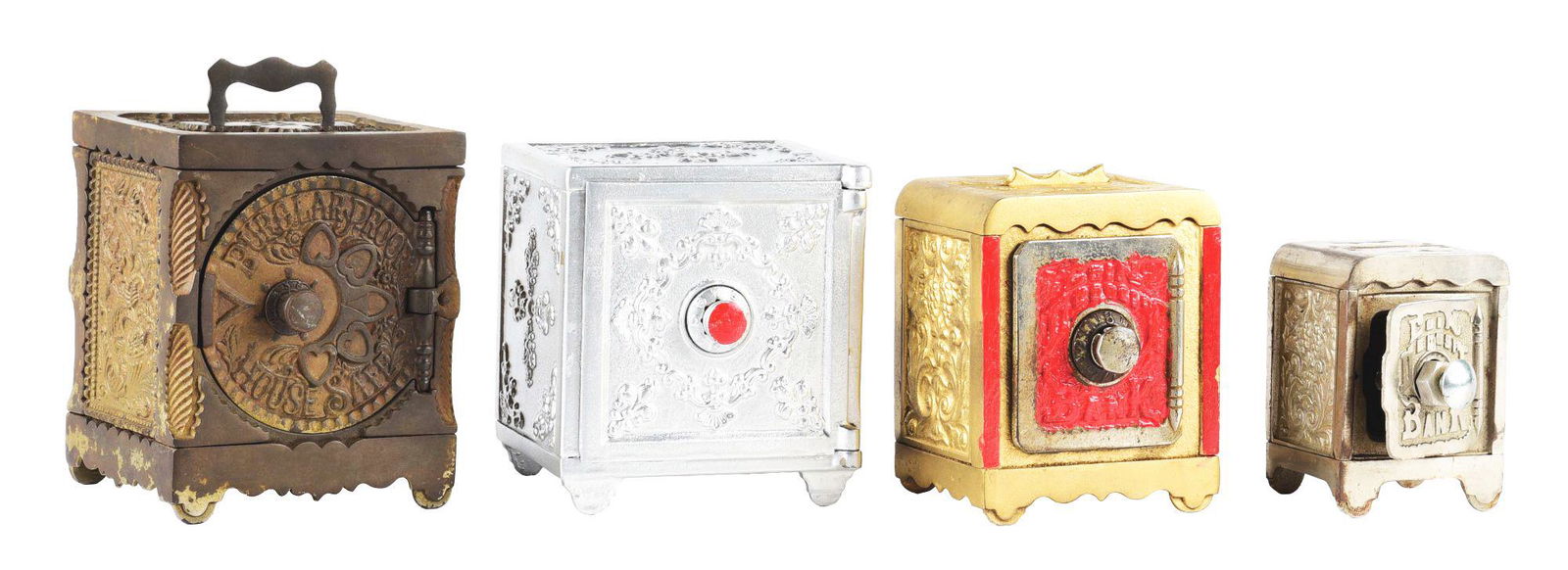LOT OF 4: CAST IRON BANKS IN THE FORM OF SAFES. (1 of 6)