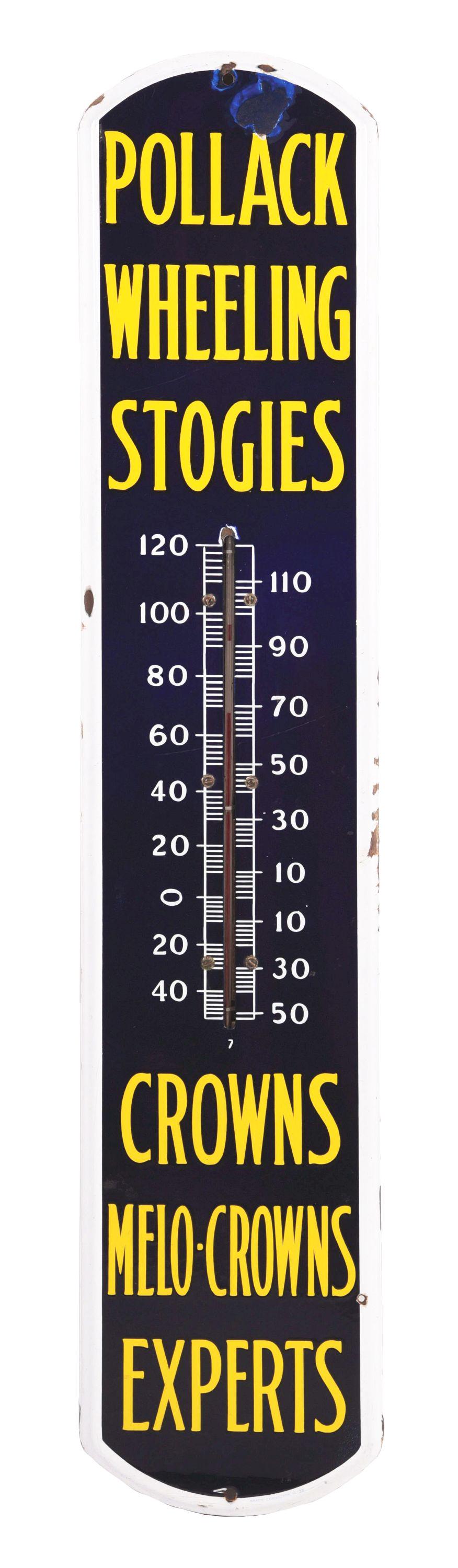 POLLACK WHEELING STOGIES PORCELAIN THERMOMETER. (1 of 2)