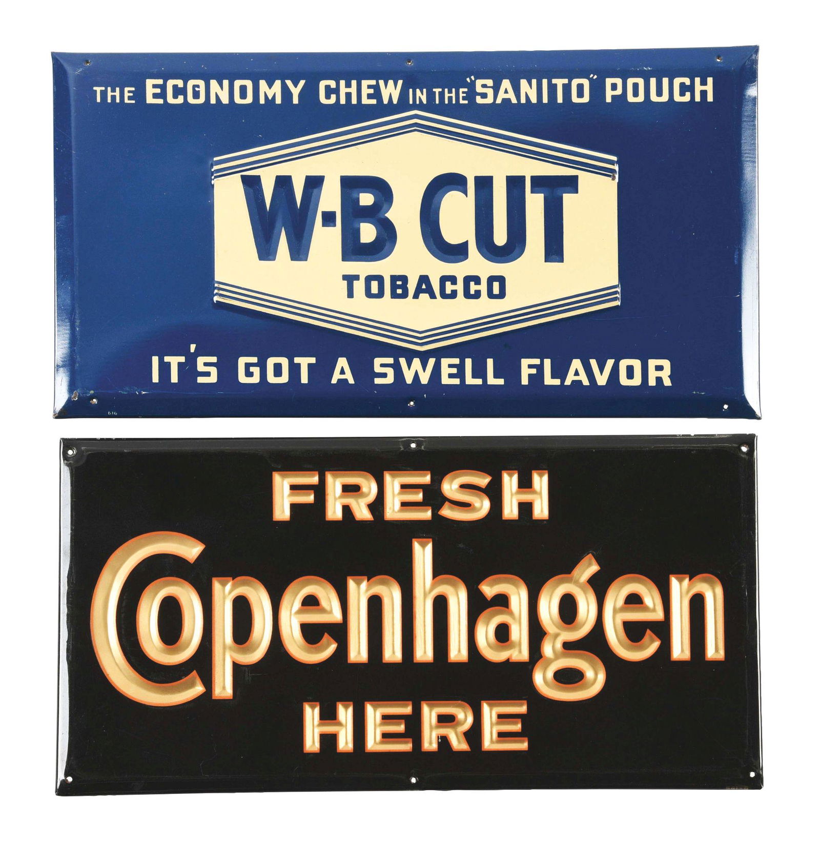 LOT OF 2: CELLULOID OVER CARDBOARD TOBACCO SIGNS.: The first is a W-B Cut Tobacco advertisement in excellent condition with six added hanging holes. This piece retains its original hanging string and is in excellent displayable condition. The second i