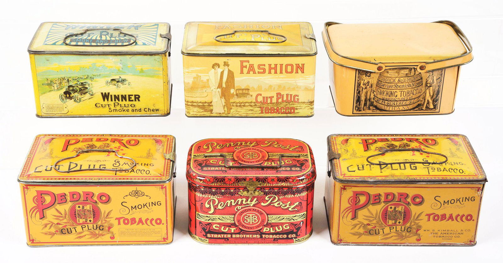 LOT OF 6: LUNCH PAIL-STYLE TOBACCO TINS. (1 of 4)