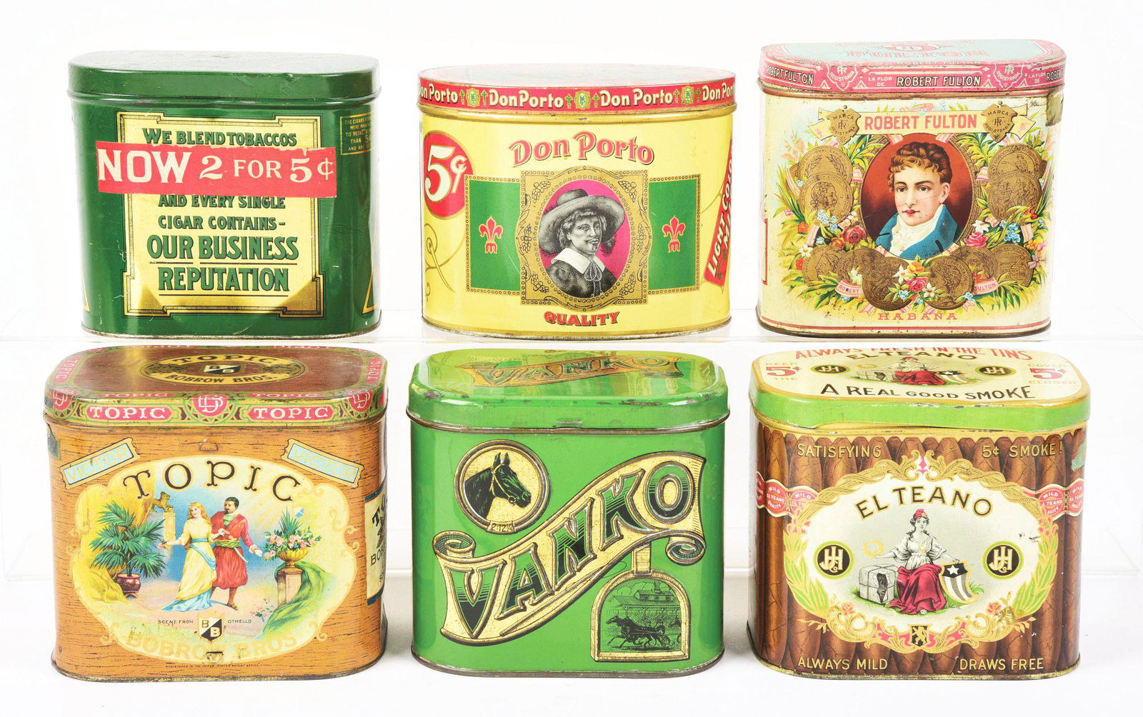 LOT OF 6: CIGAR TINS.: This is a lot of six cigar tins. It includes a Don Porto, Business Reputation, Topic, Robert Fulton, Yanko and an El Teano cigar tin. All six tins show areas of light scratches and scuffs with partial