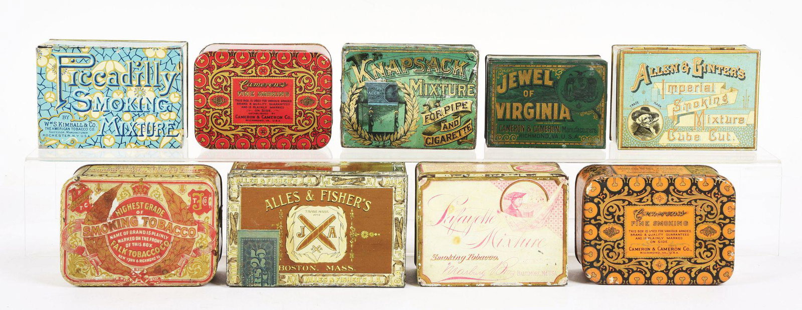 LOT OF 9: TOBACCO TINS.: This is a lot of nine tobacco tins. It includes an Allen & Ginter's, a Knapsack, a Alles & Fisher's, a Highest Grade Falk Smoking Tobacco, a Cameron's Smoking Tobacco, a Lafayette Mixture, a Jewel of 