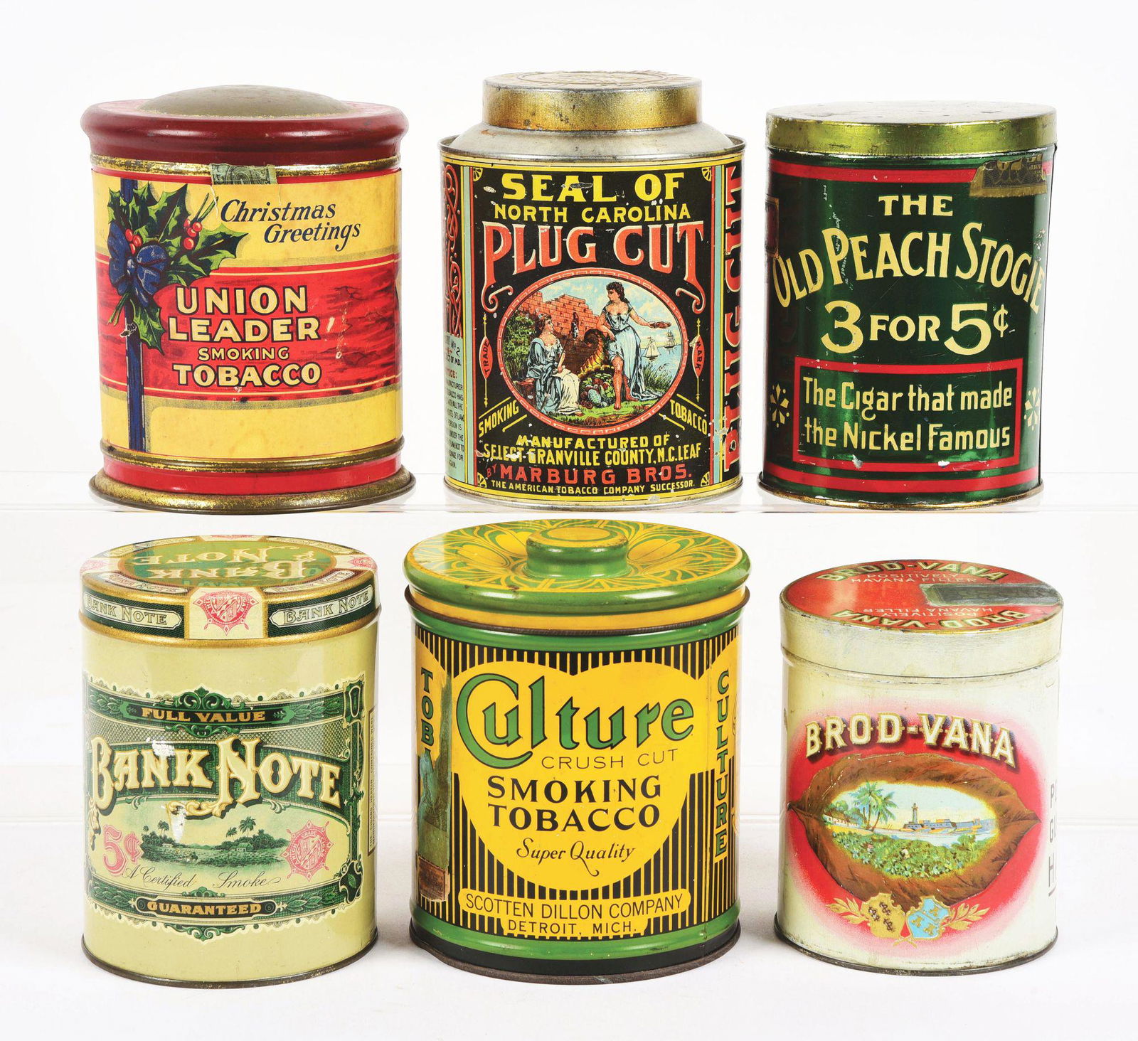 LOT OF 6: ROUND TOBACCO AND CIGAR TINS. (1 of 4)