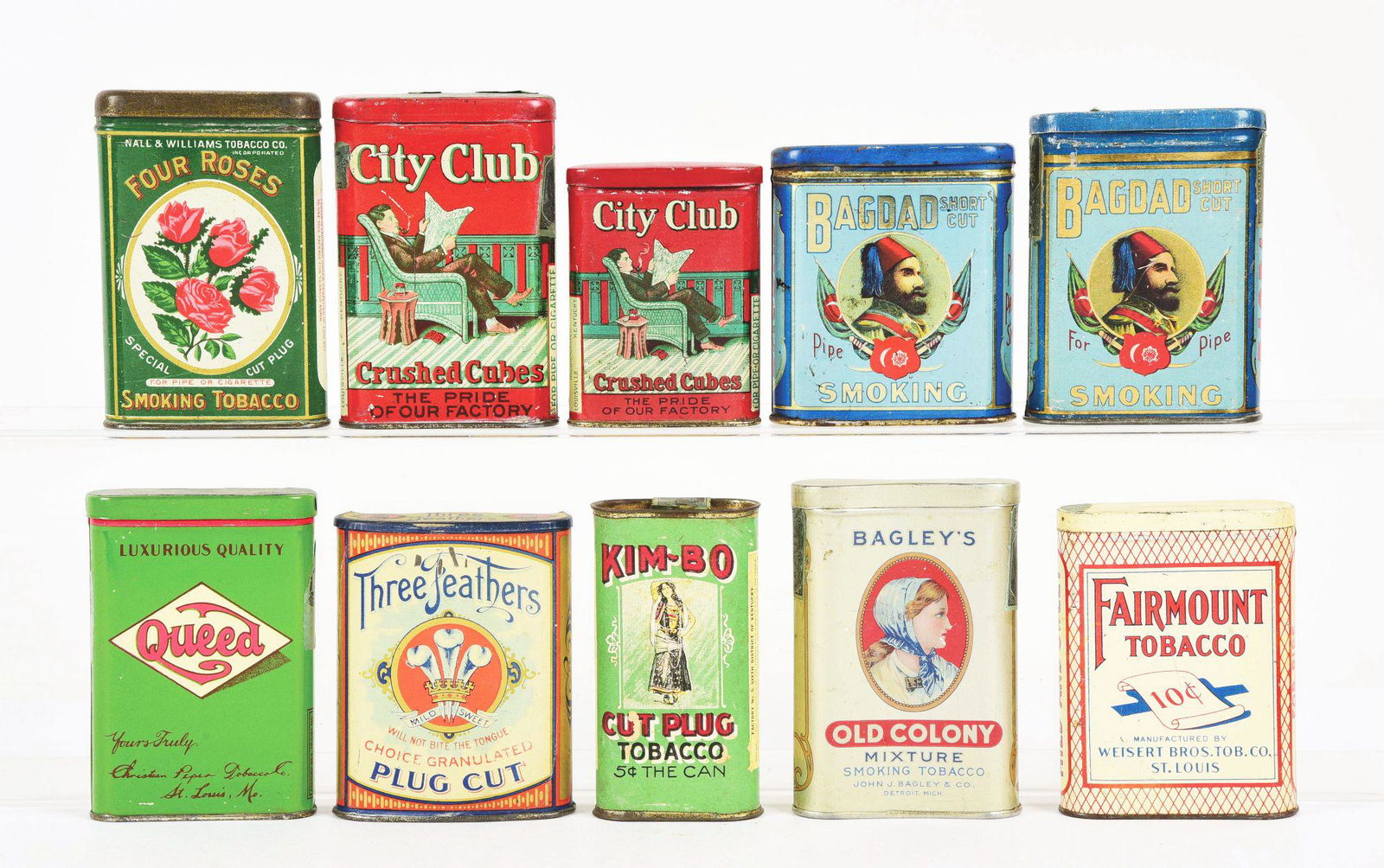LOT OF 10: MISCELLANEOUS POCKET TOBACCO TINS. (1 of 2)