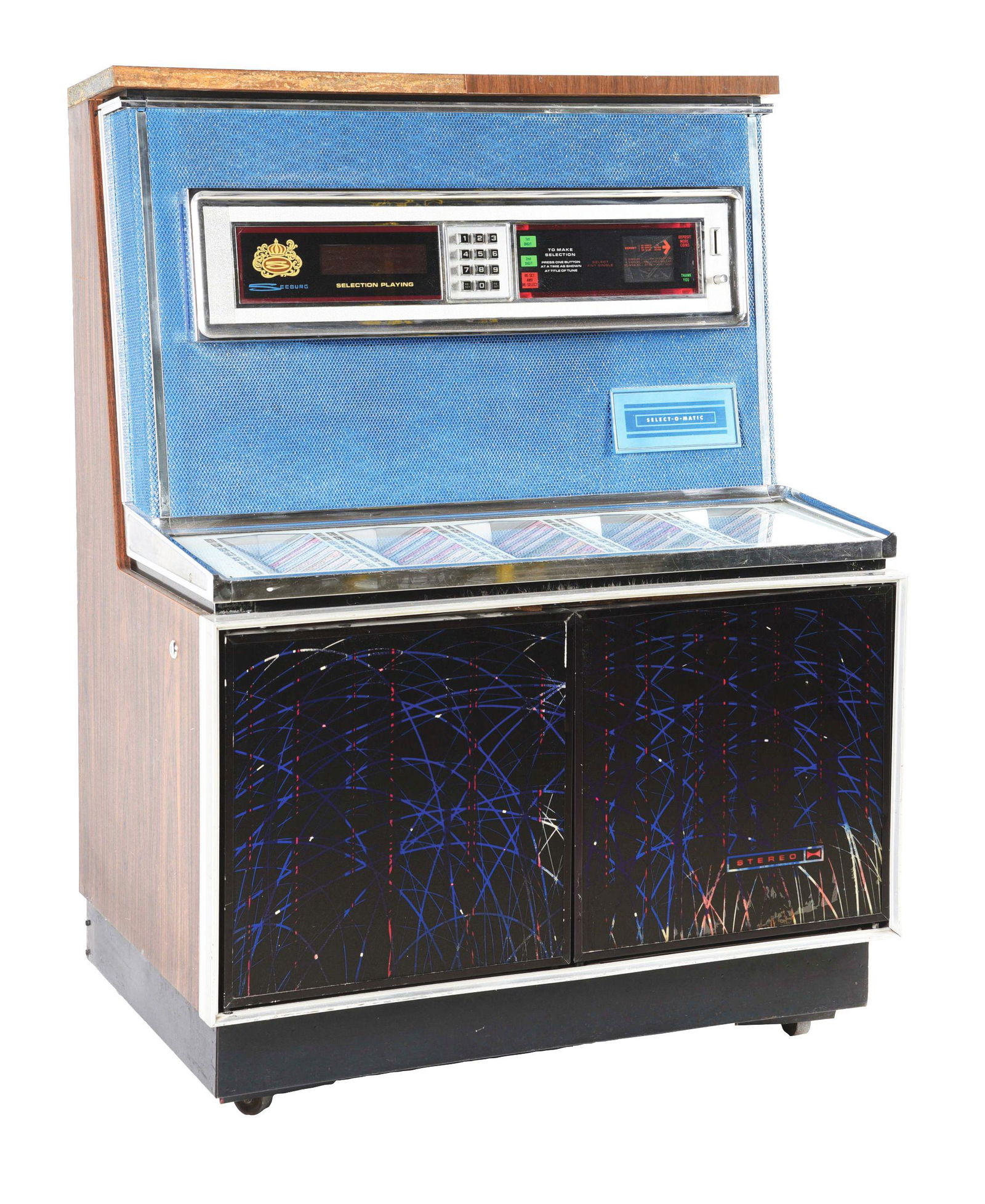 SEEBURG SELECT-O-MATIC JUKEBOX.: This is a Seeburg Select-O-Matic jukebox Model No. 325 with serial number "1230930". This jukebox was made in the 1960's, plays 80 selections, 45's. Currently it is lighting up and has sound capabilit
