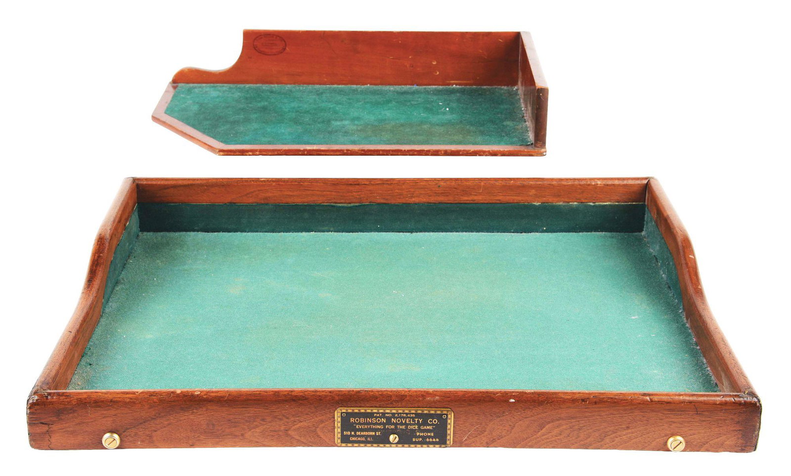 LOT OF 2: GAME ORGANIZERS.: The larger piece has original finish, original felt, has original tag that says "Robinson Novelty Co. PAT. NO. 2,178,435 'Everything for the Dice Game!' 510 N. Dearborn St. Chicago ILL". The smaller p